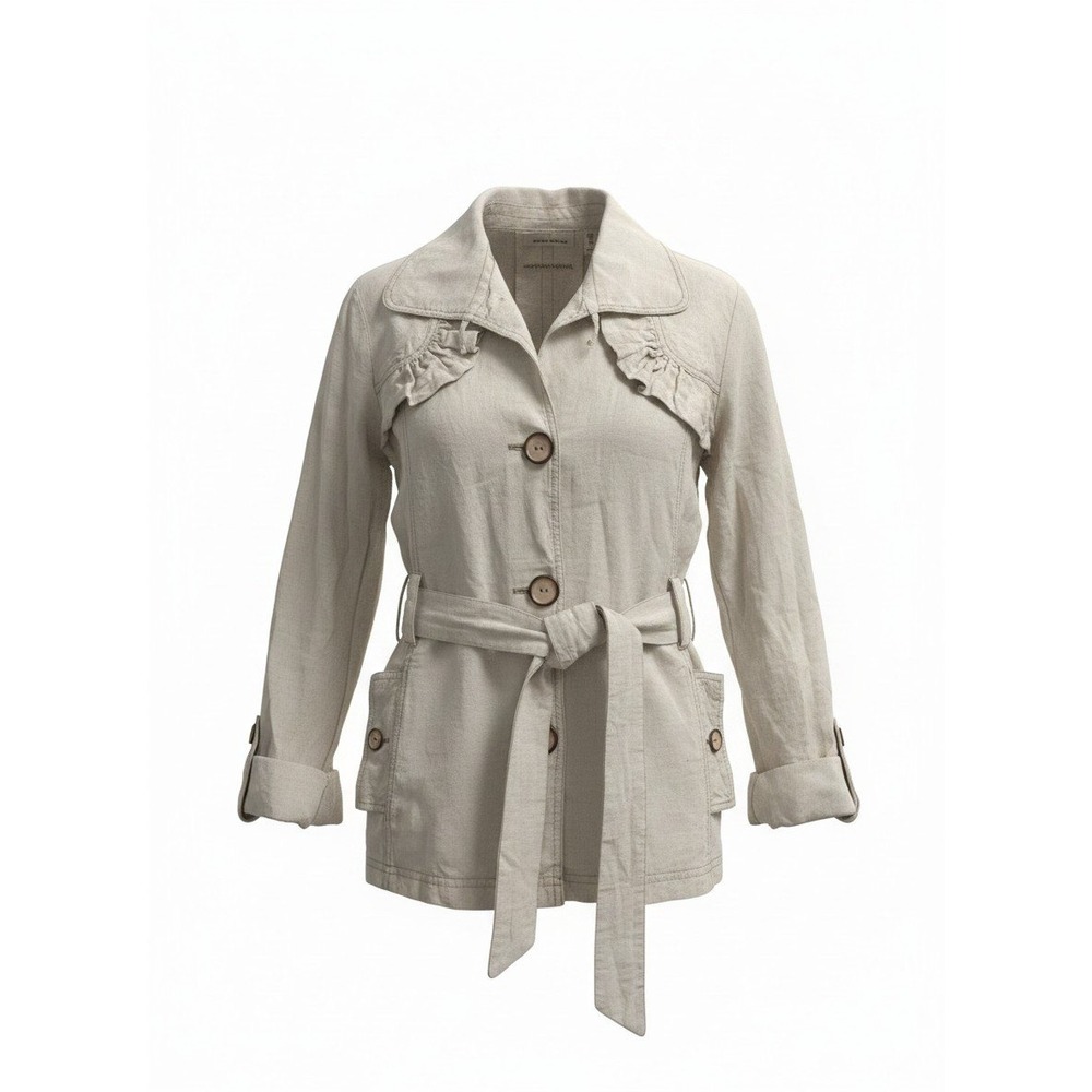 DKNY Jeans Womens Linen Utility Jacket Beige Ruffle Belted Safari Coat Large
